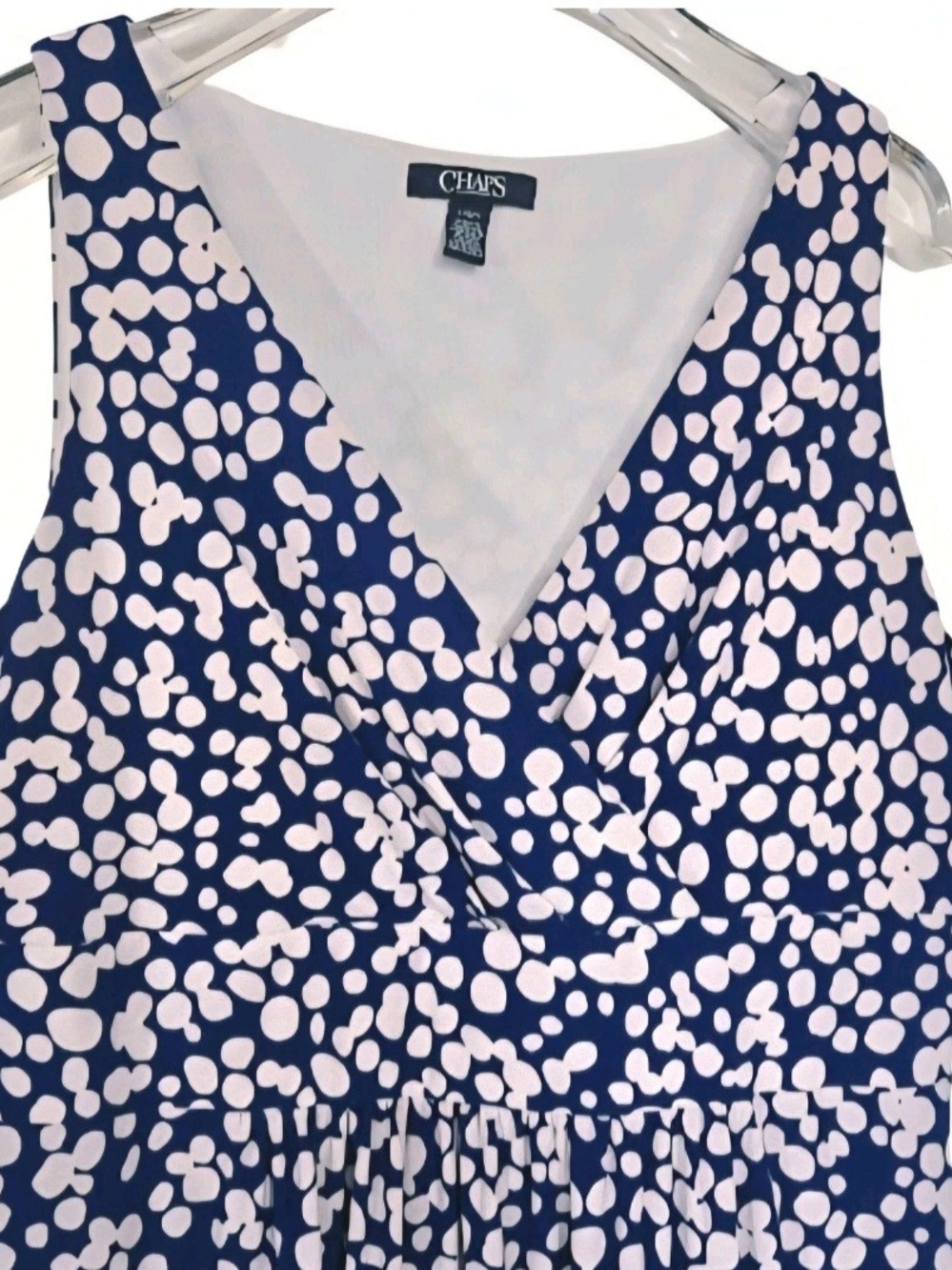 Chaps Sleeveless Faux Wrap Dress Blue & White Polka Dot Fit & Flare size L Large - Picture 5 of 14